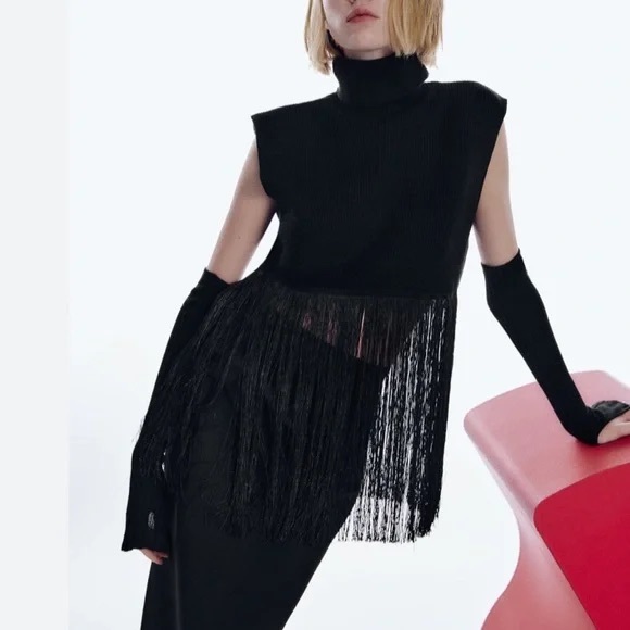 Zara Tops - Zara Black Fringed Knit Turtleneck Sleeveless Top Size Medium NWT